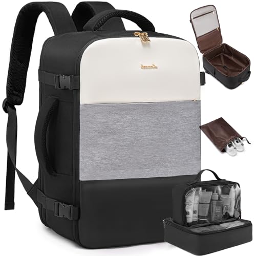 LOVEVOOK Travel Backpack for Women, Carry On Backpack Flight Approved with 3 Packing Cubes,TSA Personal Item Travel Bag Fits 15.6” Laptop,Weekender Hiking Business Luggage Daypack Beige Grey Black