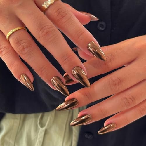Mirror Metal Bronze Press on Nails Almond Shaped Chrome Glazed Medium Almond Nails Press on Bling Shiny Plating Nails Acrylic Nails Reusable Fake Nails for Women Stiletto Glue on Nails Medium Length
