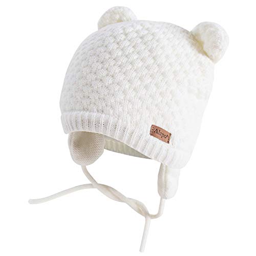 Winter Beanie Hat for Baby Kids Toddler Infant Newborn, Earflap Cute Warm Fleece Lind Knit Cap for Boys Girls (White)