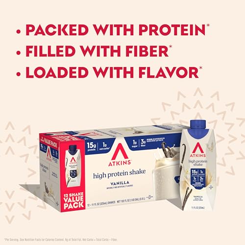 Image of Atkins Vanilla High Protein Shake, 15g Protein, Low Glycemic, Low Carb and Low Sugar Protein Shakes, Keto Friendly Ready to Drink Shakes, 12 Vanilla Flavored Protein Shakes