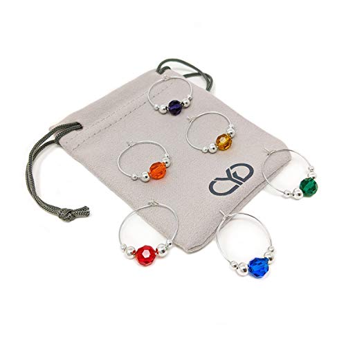 Preciosa Crystal Wine Charms / Drink Markers - Set of 6 - Wine Glass Charms by Claim Your Glass C.Y.G. - Storage travel pouch Included