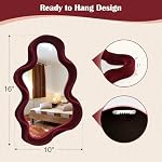 Wall Mounted Mirror Irregular Wall Mirror with Velvet Wavy Edge,Unique Housewarming Gift,Small Mirror for Bedroom/Bathroom/Children's Room/Entryway/Living Room/Wedding (Wine-red, 25.5x40.5cm)