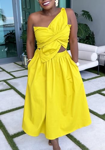 Image of Molisry Women's Summer One Shoulder Dress Spaghetti Strap Cut Out Sleeveless Tight Waist Maxi Bubble Cocktail Dress Party Yellow