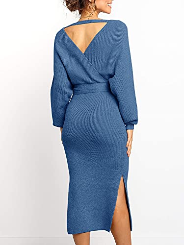 Image of Chang Yun Women's Long Maxi Sweater Dresses Sexy Wrap Batwing V Neck Slit Open Back Holiday Bodycon Dress with Belt