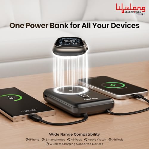 Image of Lifelong Electronics 10000mAh MagSafe Wireless Power Bank | 2 Cables - Lightning & Type C - for Wired Fast Charging | Powerbank for iPhone, iWatch and All Qi Enabled Phones & Devices | Display & Stand