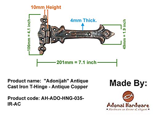 Image of Adonai Hardware Adonijah Antique Cast Iron Strap T Hinge (7.9 inch x 12 Pack, Copper Finish) for Barn Doors, Gates, Kitchen Cabinets, Sheds, Wooden Box, Furniture, Cedar Chest and Trunks