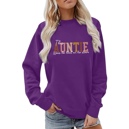 FBDTDB Auntie Sweatshirt Aunt Shirt for Women Vintage Letter Graphic Crewneck Long Sleeve Shirts Fall Fashion 2025 Purple