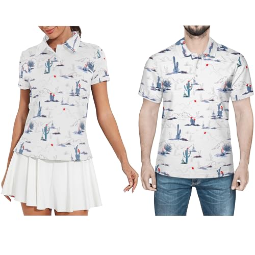 Funny Cactus Couple Golf Shirts,Women's Matching Hawaiian Golf Shirt for Couple,Moisture Wicking Couple Polo Shirt White S