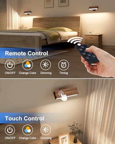 Image of YiLaie Wall Lights for Bedroom Battery Operated, Battery Operated Wall Sconce Set of Two,Dimmable Wireless Wall Mount Lamp with 3 Color Temperature for Bedside