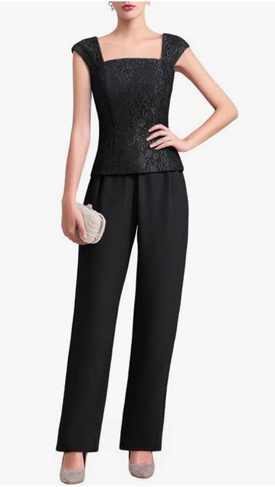 Tailleur in chiffon (3 pezzi) con pantaloni e corpetto in pizzo, elegante, adatto per matrimoni e madre della sposa