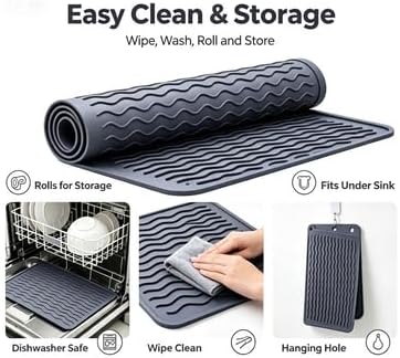 2 Pack Dark Gray Silicone Dish Drying Mat, 16 x 12 Inch Heat Resistant Counter Pad, Non-Slip Waterproof Reusable Kitchen Sink Mat for Dishes, Cookware, Countertop Protection