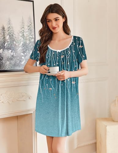Image of Ekouaer Nightgowns for Women Pleated Sleep Shirts Short Sleeve Night Shirts Lace Trim Night Gown Ladies Sleep Dress