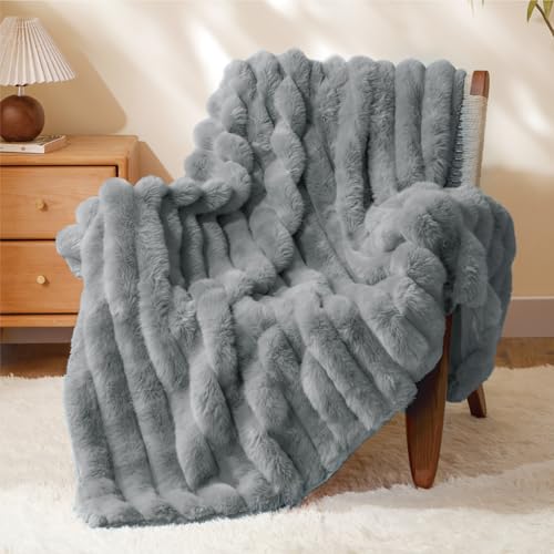 Image of BEDELITE Faux Fur Throw Blanket for Couch, 770GSM, 60 inch x 80 inch, Light Grey