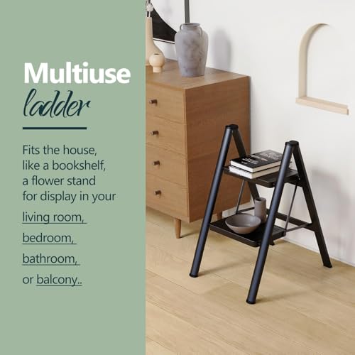 Image of 2 Step Ladder, Heavy Duty Folding Step Stool with Anti-Slip Wide Pedal, 330 lbs Capacity Steel Frame, Lightweight Portable Ladder, Space Saving Foldable Step Stool for Kitchen, Home, Bathroom, Office