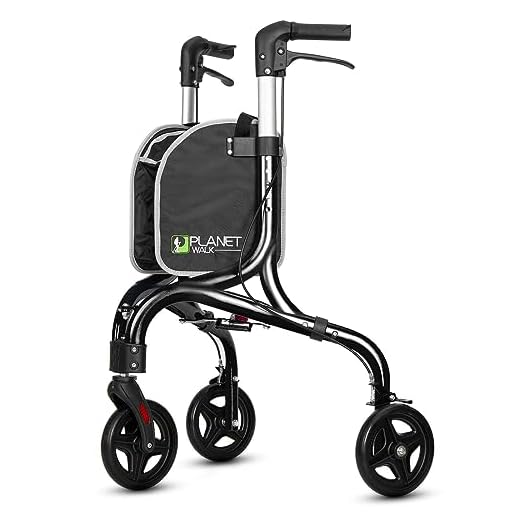 Planetwalk Premium 3 Wheel Rollator Walker for Seniors - Ultra Lightweight Foldable Walker for Elderly, Aluminum Three Wheel Mobility Aid, Black