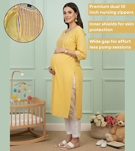 Image of DUMMY SHAPE Feeding Dresses for Women Full Set | Cotton Blend Floral Embroidered Kurta Pant Dupatta Suit with Nursing Zippers to Pre & Post Pregnancy | Gift for Pregnant Woman