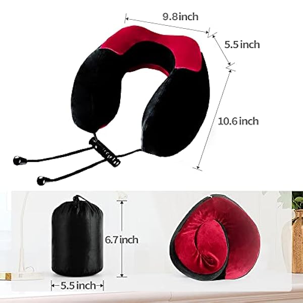 Emgthe Almohada de viaje 100% espuma viscoelástica, almohada de cuello para avión, cuello y cabeza para dormir descanso y coche, kit de almohadas de viaje con bolsa de almacenamiento negro y rojo
