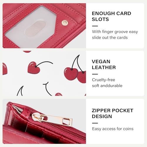 Image of CLUCI Small Wallet for Women PU Leather RFID Wallet Blocking Designer Bifold Ladies Wallet Card Holder Cherry Print