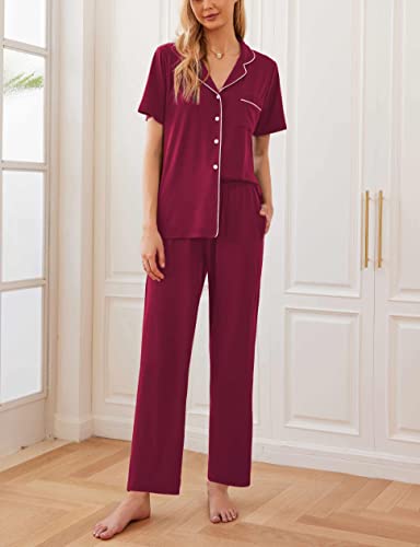 Image of Ekouaer Womens Pajamas Set Short Sleeve Button Down Top & Pants Lounge Pjs | Soft Sleepwear with long pants, ideal for Home relaxation, Wedding, Party, Daily Wear & Breastfeeding