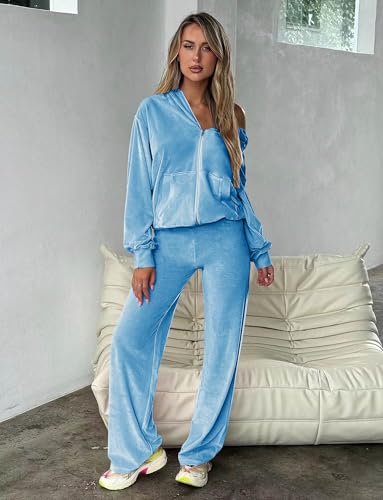 yidengymx Womens 2 Piece Velour Tracksuit Two Piece Soft Velvet Hooded Sweatsuits for Women Lounge with Pockets3