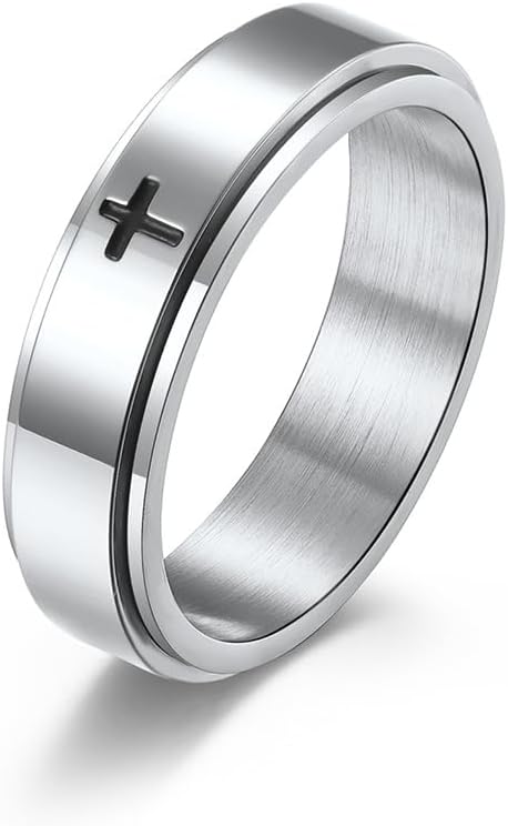 Fidget Ring for Anxiety Stainless Steel Cross Spinner Ring for Men/Women Size 5-12