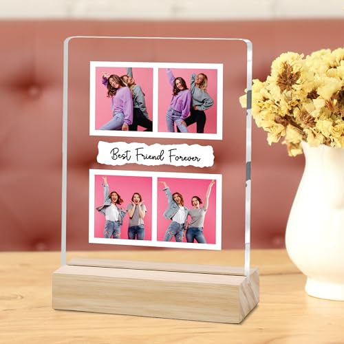 Image of Giftplease Customized Friends Plaque with Wooden Stand | Personalized Photo Frame with Quote | Best Friend Birthday Gift, Farewell Gift, Friendship Day Gift for BFF Keepsake Room Decor FR 11