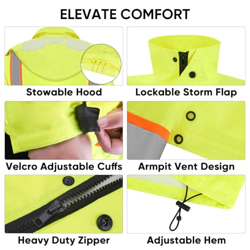 Image of TICONN Reflective Rain Jacket, Waterproof ANSI Class 3 Hi Vis Safety Coat | PU Coating Rain Coat, 360 Reflective Strips, Adjustable Cuffs, Large Utility Pockets, Fits Men and Women
