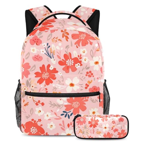 Sac à dos scolaire floral rouge et trousse pour le collège et le lycée
