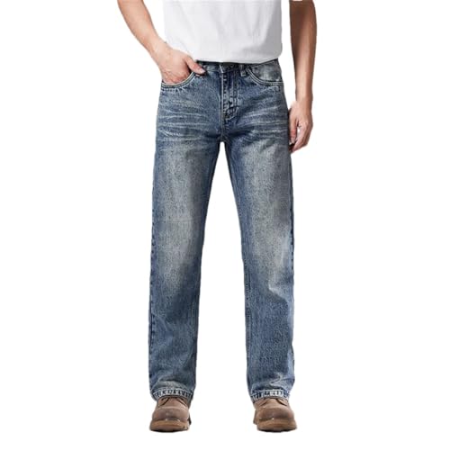 Men's Classic Straight Jeans Wide Leg Vintage Washed Loose Long Denim Pants