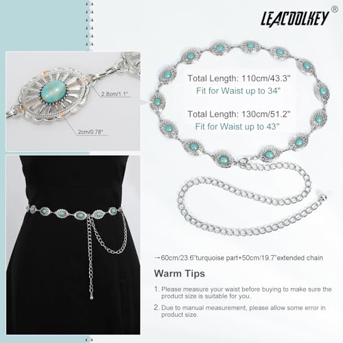 Image of LEACOOLKEY Women Turquoise Concho Chain Waist Belt Silver Western Cowgirl Metal Chain Belt for Dress Adjustable