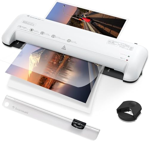 bonsaii ラミネーター A3/A4/B5/はがき/名刺サイズ対応 80/100μmフィルム対応 ウォームアップ時間3-4分 気泡なし 波打防止 簡単操作 家庭用 業務用 軽量 3点セット【PSE認証済】ホワイト L309-A