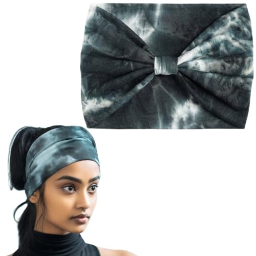 Image of XFyt Microfiber Tie-Dye Workout Fashion Hair Bands | Super Soft Stretch Microfibre High Absorbtion Wide Head Band For Women Girls Yoga Sports Fitness Gym (Black)
