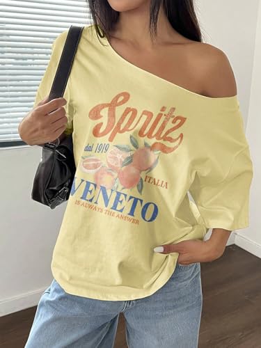 Image of SXV STYLE Women Summer Loose Asymmetrical Neck Cocktail Fruit Orange Y2K Graphic Oversized T-Shirt