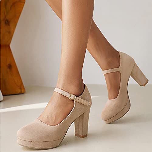 LEHOOR Women Chunky High Heel Mary Jane Shoes Platform Ankle Buckle Strap 3" Heel Round Toe Suede Pumps Wedding Bridal Dress Shoes Block Heel Closed Toe Sandals Ladies Girls Office Cute Fall 4-12 M US3