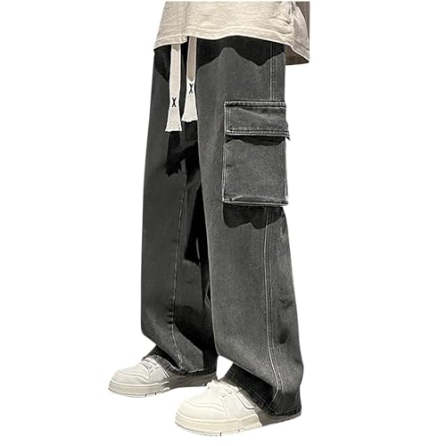 Cargo Pants Men Fashion Jeans Y2k Street Denim Cargo Pant Classic Drawstring Elastic Waist Lounge Straight Leg Trouser