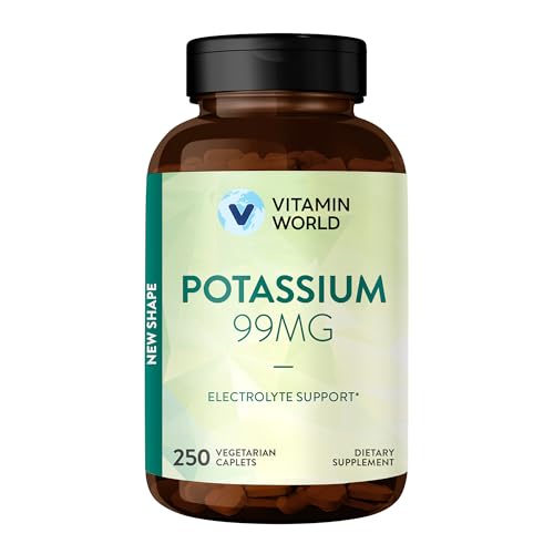 Vitamin World Potassium 99 mg - 250 Vegetarian Caplets Potassium Gluconate Supplement for Electrolyte & Muscle & Nerve & Heart Support Gluten-Free Once Daily 250 Days Supply