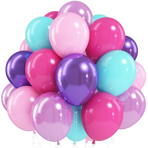 Image of Jobkoo Pink Purple Blue Balloons 60 PCS Metallic Purple Teal Hot Pink Party Latex Balloon with Confetti Balloons for Girls Princess Birthday Baby Shower Wedding Bachelorette Neon Party Decorations