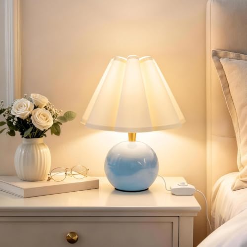 Small Bedside Table Lamp 11.8 Ceramic Stepless Dimmable Lamp with Scalloped Fabric Shade Decorative Accent Light for Nightstand Living Room Console or Kids Dorm Blue (E26 LED Bulb Included)