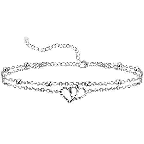 Chic & Artsy Double Heart Anklet 925 Sterling Silver Heart Anklets For Women Adjustable Layered Beach Anklets 11 Inches Boho Double Chain 2 Heart Ankle Bracelet #TOP15