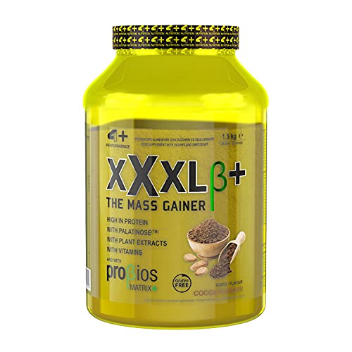 4+ NUTRITION - XXXL β+, Suplemento deportivo, carbohidratos y proteínas de suero de leche, para el rendimiento físico y energético, crecimiento de masa muscular, sabor a cacao en polvo, 1,5 kg