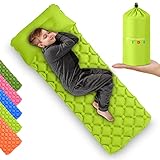 Kids Sleeping Pad for Camping and Sleepovers with Pillow, Inflatable Camping Mattress for Backpacking & Travel, Thick Toddler Cot Mat, Fast Inflating Sleeping Pads for Kids (Green)