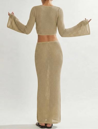 Image of Cakulo Women's Crochet Cover Up 2 Piece Beach Skirt Sets | Hollow Out, Tie Front Crop Tops, Bell Sleeve, Sarong Wraps, Swimsuit Bathing Suit Coverup, Resort Wear Beach Vacation Outfits