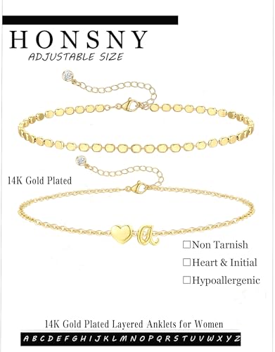 Image of Honsny Initial Ankle Bracelets for Women Waterproof 14K Gold Plated Layered Anklets for Women Non Tarnish Dainty Heart Letter A-Z Ankle Bracelets Handmade Adjustable Summer Beach Gold Anklet Jewelry