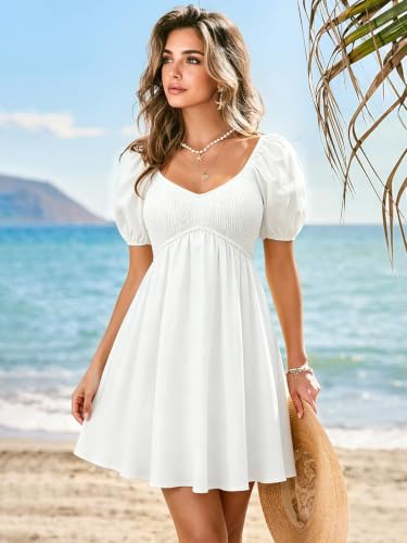Image of Womens Babydoll Dress 2026 Summer Casual Puff Sleeve V Neck Cute Boho Smocked Flowy Short Sundress Beach Mini Dresses