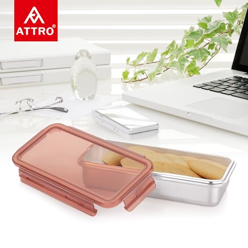 Image of Attro Steelox Rectangle Stainless Steel Container with Plastic Seal Lid BPA Free Food Grade Leak-Proof Ideal for School, Office & Outdoor Lunch Pack - 630ml Brown