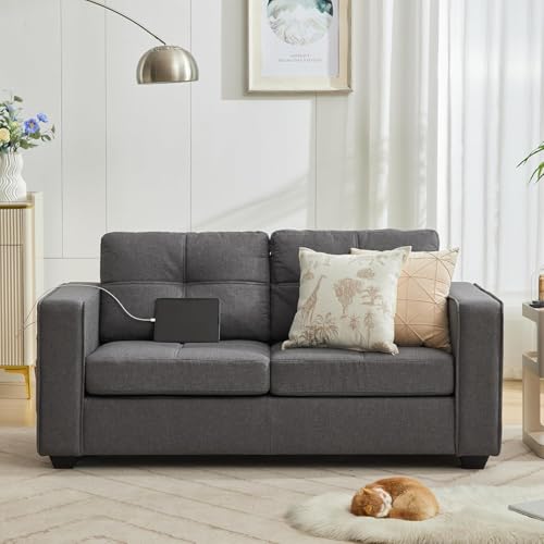 Image of 65 inch Grey Loveseat Sofa, Small Couch with USB and Wide Arms for Living Room | TYBOATLE, Small Love Seat Couch, 2 Seater Sofa, Tufted Mid-Century Design, USB Charging, Wide Arms, Bedroom, Dorm, Apartment
