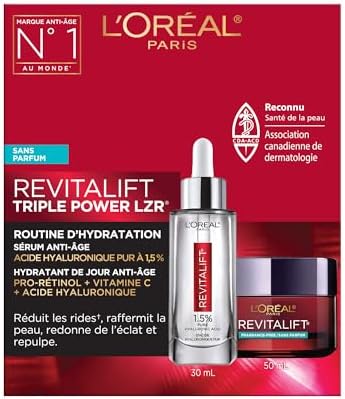 L’Oréal Paris Hydration Skincare Kit with Hyaluronic Acid Serum and Day Moisturizer for Face with Pro Retinol, Vitamin C and Hyaluronic Acid, Revitalift Triple Power LZR, Skincare Kit, 2 Count