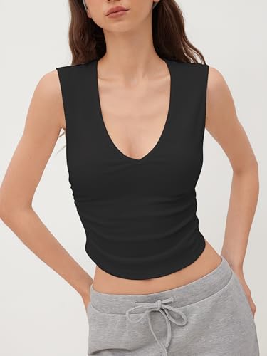 CIDER Women Tank Tops V Neck Ruched Sleeveless Basic Going Out Cotton Blend Slim Fit Top2