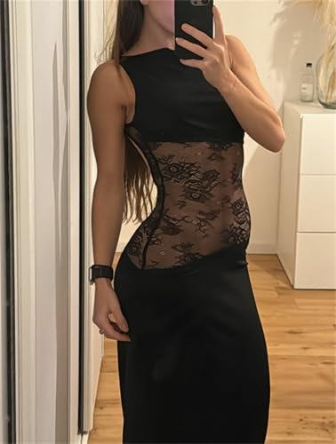 Women Sexy Hollow Out Maxi Dress Sleeveless Backless Lace Pachwork Bodycon Long Dress Y2k Going Out Party2
