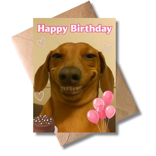 WBdesignz Lustige Geburtstagskarte mit Umschlag - mit fröhlichem Dackel rosa Ballons & Schokoladenkuchen - Humorvolle Glückwunschkarte für Hundebesitzer Freunde & Familie zum Geburtstag (DIN A6)